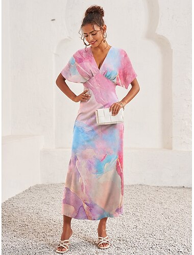  Mulheres Vestido midi Vestido da bainha Elegante Manga Flare Férias Casual Encontro Normal Âmbar Manga Curta Decote V Rosa Verão