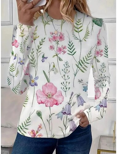  Dames T-shirt Bloemig Elegant Vintage Modieus Lange mouw Strakke ronde hals Normale tops Dagelijks Uitgaan Weekend Afdrukken Grasgroen Wit Lichtgroen Zomer Lente