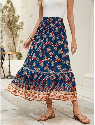  Dames Lange rok Bohemen Boho Lange Lengte Maxi Hoge taille Rokken Grafisch Kleurenblok Lapwerk Afdrukken Micro-elastisch Feestdagen Strand Marine Lente, Herfst, Winter, Zomer Polyester Viscose
