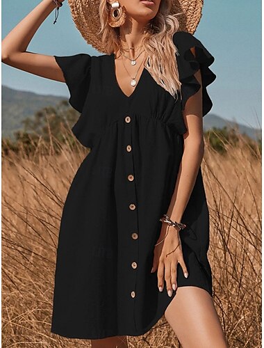  Damen Mini Kleid Shift Kleid Rüschkleid Lässig Urlaub Lässig Täglich Reguläre Passform Grafik Kurzarm V-Ausschnitt Schwarz Rosa Marineblau Khaki Sommer Frühling