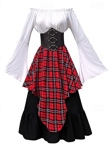  Retro Vintage Mittelalterlich Rock Hemd Ren Faire Glockenärmel Puffärmel Wikinger Elfen Damen Keltisch Seeräuber Fantasie Halloween Karneval Maskerade Alltagstauglich LARP Erwachsene Hemd Rock Gürtel