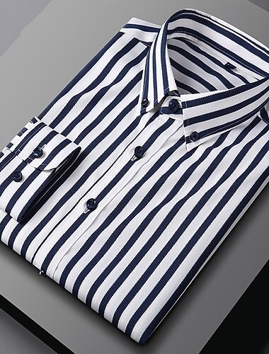  Herren Hemd Oberhemd Knopfhemd Streifen Hochzeit Party Hellblau Marineblau + Weiß Schwarz Weiß Langarm Kargen Frühling Herbst Bekleidung Knopf