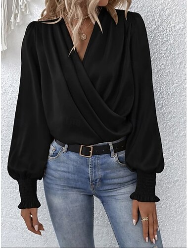  Dame Skjorte Elegant Pent Satengtopp Rynket Helfarge Stilfull Fritid Langermet Asymmetrisk Vanlige topper Daglig Svart Hvit Rosa Kakifarget Sommer Vår