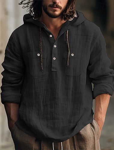  Herren Hemd leinenhemd Sommerhemd Strandhemd Kapuzenshirt Glatt Casual Täglich Schwarz Weiß Blau Braun Langarm Mit Kapuze Frühling Sommer Bekleidung
