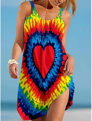  Dames Mini-jurk Tank-jurk Casual Vakantie Ruim Passend Blad Mouwloos Strakke ronde hals Regenboog Zomer