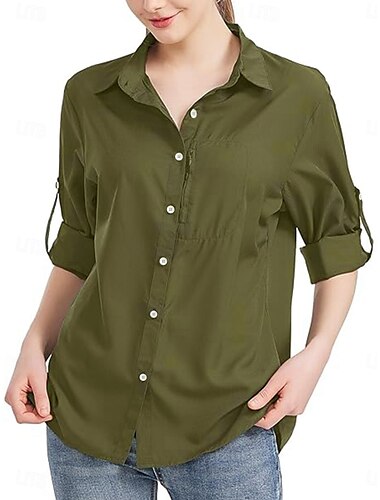  Damen Hemd Bluse Feste Farbe Basic Brautkleider schlicht Langarm Hemdkragen Normale Oberteile Täglich Knopf Weiß Rosa Armeegrün Blau Grün Sommer Frühling