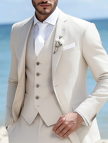  Heren Strand Trouwen Linnen Kostuums Beige Mode Formeel Zomer Effen Kleur Standaard Pasvorm 3 Delig Enkele Knop Twee Knoppen