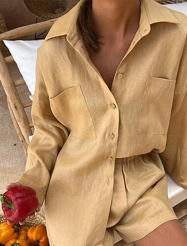  Жен. Мода Уличный стиль Рубашка Комплекты, вдохновленные льном Комплекты из двух предметов Льняные брюки Багги Шорты Длинный рукав Рубашечный воротник Сплошной цвет На каждый день Свидание Черный Хаки