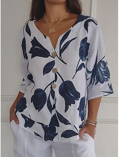  Dames Overhemd Katoenen linnen overhemden Knoop omhoog Blouse Grafisch Elegant Dagelijks Stijlvol 3/4 mouw V-hals Normale tops Dagelijks Feestdagen Uitgaan Knop Afdrukken Wit Blozend Roze Rood Groen