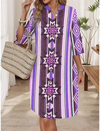  Damen Mini Kleid Lässiges Kleid Stilvolles Basic Lässiges Urlaub Täglicher Regular Fit Geometrisch Leinenähnlich 3/4 Ärmel Stehkragen Pink Lila Grün Sommer Frühling