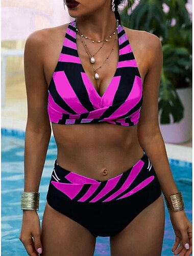 Mujer Bañadores Bikini 2 piezas Pícaro Traje de baño Espalda al Aire Delgado Vacaciones Ropa de playa Raya Cuello halter Sin Mangas Trajes de baño
