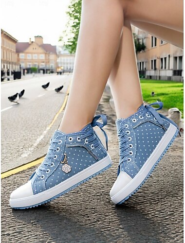  Damen Polka Dot High-Top Canvas Sneakers – lässige Jeans-Schnürschuhe mit floralem Charme, stylische Streetwear für den Alltag & Reisen