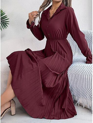  Woman's Maxi Dress A Line Dress Solid Color Summer Dress Pleated Dress Fit And Flare Dress Party Birthday Vacation Daily Regular Fit Plain Sleeveless Shirt Collar Wine Royal Blue Green Army Green