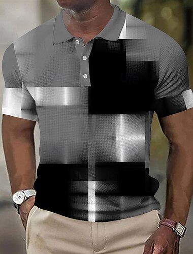  Herren Geometrisch Waffel-Poloshirts Kurzarm Polo-Shirts Hemden mit Kragen Business-Casual Geschäft Athleisure Alltagskleidung Knöpfe 3D-Druck Sommer Blau Braun Hellblau