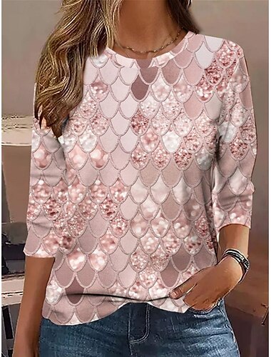  Dames T-shirt Geometrisch Casual Lange mouw Strakke ronde hals Normale tops Dagelijks Afdrukken Blozend Roze Lente Herfst