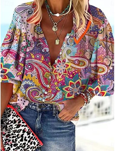 Damen Hemd Bluse Graphic Elegant Täglich Stilvoll 3/4 Ärmel Stehkragen Normale Oberteile Täglich Festtage Ausgehen Knopf Rote Grün Regenbogen Grau Sommer Frühling Herbst