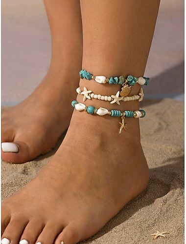  Ensemble de bracelets de cheville de plage bohème pour femmes – bracelets de cheville faits à la main en coquillages et étoiles de mer en perles turquoise, bijoux de pied d'été pour les vacances et les festivals