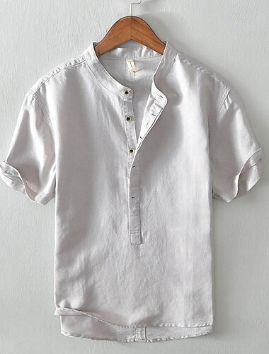  Herren Hemd Leinenhemd Popover-Hemd Freizeithemd Baumwollhemd Einfach Urlaub Straße Weiß Königliches Blau Himmelblau Hellgrau Kurzarm Stehkragen Sommer Bekleidung Button-Down