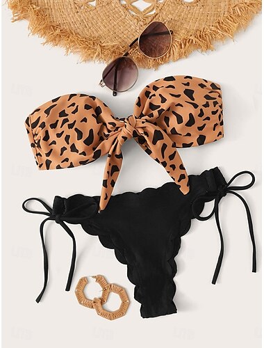  Damen Badeanzug Bikinis 2 Stück Tanga-Bikinihose Bademode Rückenfrei Schlank Urlaub Strandbekleidung Leopard Trägerlos Ärmellos Badeanzüge