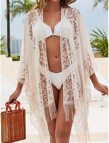  Frauen Badeanzüge Cover Up Badeanzug Spitze Urlaub Strandbekleidung Einfarbiger V-Ausschnitt Langarm Badeanzüge