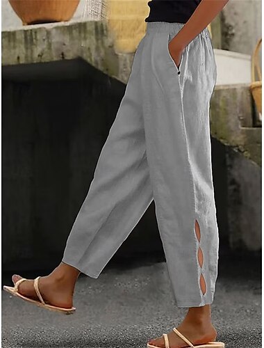  Damen Hose aus Baumwollleinen Chinos Mode Streetwear Knöchellang Hohe Taille Einfach Tasche Elastischer Bund Bequem Weich Mikroelastisch Outdoor Straße Dunkelbraun Dunkelgrün Wein Rubinrot Sommer