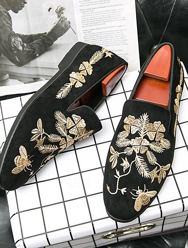 Schwarze Slipper aus Wildleder für Herren mit goldener Blumen- und Bienenstickerei – elegante Freizeitschuhe für Hochzeiten, Partys und formelle Anlässe