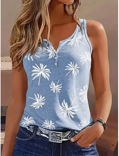  גופיית קמיזול נשים עם פרחים casual ללא שרוולים צוואר משולש רגיל טופים יומיים כפתורים הדפסה כחול קיץ