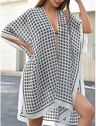  Damen Badeanzug Zudecken Schwimm-Kleid Bademode Urlaub Strandbekleidung Geometrisch V Ausschnitt Langarm Badeanzüge