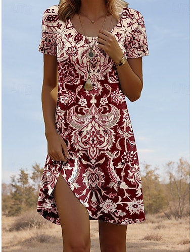  Damen Minikleid Casual kleid Vintage Brautkleider schlicht Täglich Regular Fit Geometrisch Farbblock Kurzarm Rundhalsausschnitt Wein Blau Grün Grau Sommer