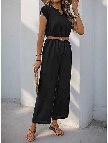  Damen Normal Jumpsuit Strassenmode Feste Farbe Kurzarm V Ausschnitt Knopf Hohe Taillenlinie Urlaub B¨¹ro Regular Fit Schwarz Sommer
