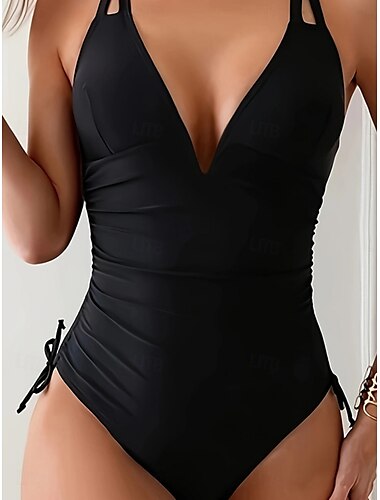  Per donna Costumi da bagno Un pezzo Monokini Costume da bagno Schiena scoperta Fasciante in vita Vita alta Taglia piccola Festività Abbigliamento mare Tinta unica A V Senza maniche Costumi da bagno