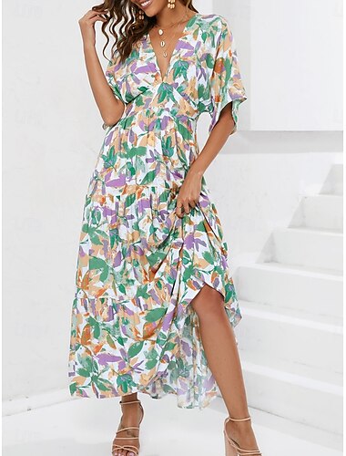  Damen Maxidress Casual kleid A Linie Kleid Stilvoll Brautkleider schlicht Urlaub Täglich Regular Fit Blumen Halbe Ärmel V Ausschnitt Blau Sommer
