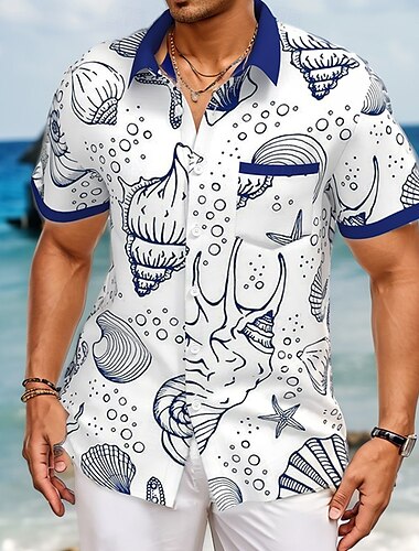  Men's Shell Starfish Conch Summer Hawaiian Shirt Button Up Shirt Short Sleeve Hawaiian Resort Vacation Holiday Beach Wear Summer Spring Turndown Collared Shirts Front One Pocket White