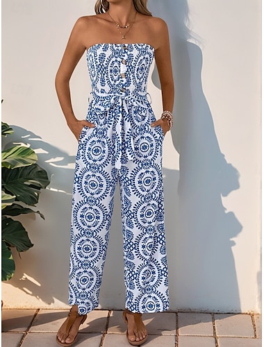  Dames Normaal Jumpsuit Actief Bloemig Mouwloos Strapless Blote rug Zak Vakantie Dagelijks Normale pasvorm blauw Zomer