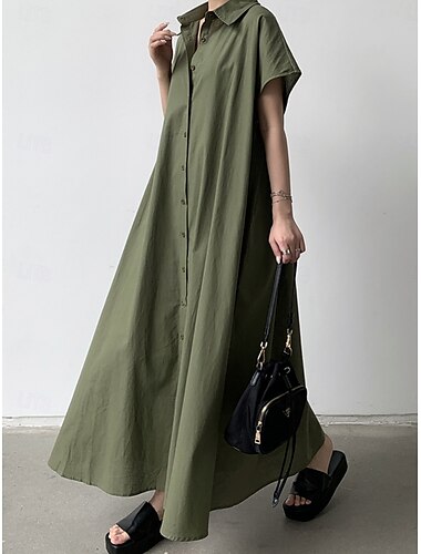  Damen Maxikleid Baumwoll-Leinen-Kleider Freizeitkleid Basic Lässig Urlaub Täglich Normale Passform Einfach Kurzarm Hemdkragen Braun Armeegrün Dunkelblau Beige Sommer