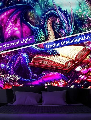  Tapisérie s černým světlem Svítící v noci OSLAVA s UV reaktivním Drakem Zvíře Trippy Mlhavá Příroda Krajina Zavěšená tapisérie Nástěnná umění Mural pro obývací pokoj Ložnici