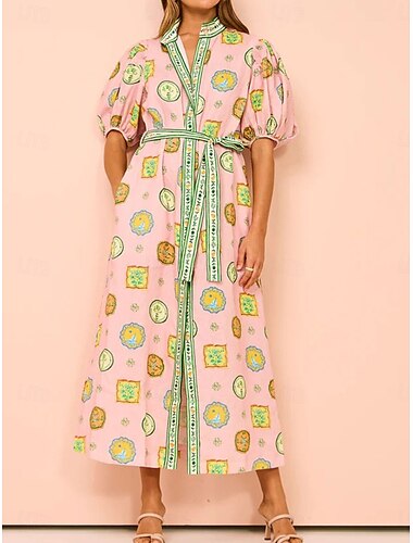  Femme Robe mi-longue Robe Portefeuille Robe Droite Robe à manches bouffantes Vacances Manche Gigot Vacances Casual du quotidien Standard Graphic Demi Manches Col Haut Rose Claire Eté