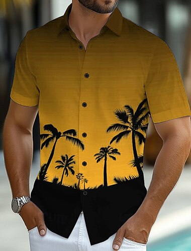  Herr Kokosnötsträd Tropiska växter Hawaii skjorta Knapp upp skjorta Aloha skjorta Kortärmad Hawaiisk Tillflykt Semester Helgdag Standkläder Sommar Vår Nedvikt krage skjortor Gul Blå Grön