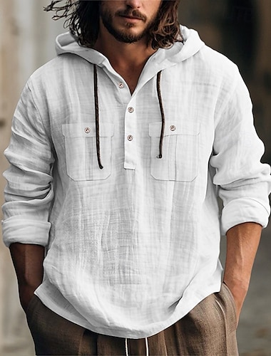  Herren Hemd leinenhemd Sommerhemd Strandhemd Kapuzenshirt Glatt Casual Täglich Schwarz Weiß Blau Braun Langarm Mit Kapuze Frühling Sommer Bekleidung