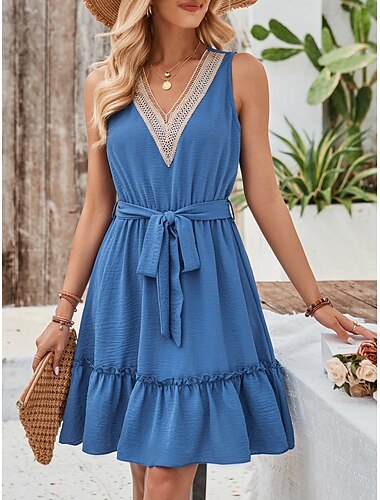  Damen Mini Kleid A-Linie Kleid Sommerkleid Einfarbig Off-Shoulder Kleid Basic Lässig Urlaub Täglich Reguläre Passform Grafik Ärmellos V-Ausschnitt Schwarz Blau Grün Sommer