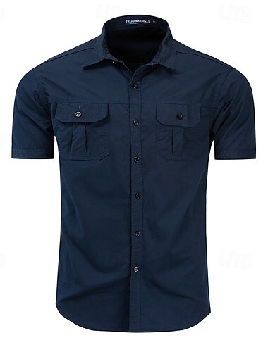  Homens Camisa Social camisa de verão Camisa casual Camisas de trabalho camisa de botão Azul Royal Caqui Verde Tropa Manga Curta Tecido Lapela Férias Feriado Bolso frontal Roupa 100% Algodão Moda