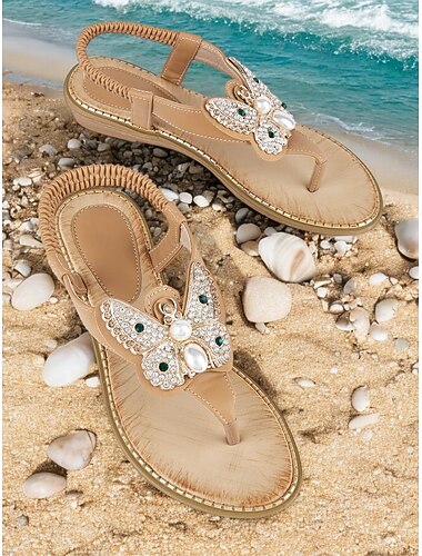  flate sandaler i rhinstone for kvinner – elegante strandflipflops med perlepynt for sommer og ferie
