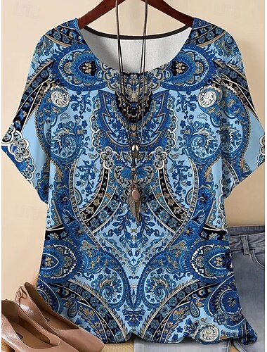  女性用 リネン風シャツ Tシャツ 夏のトップス グラフィック 幾何学模様 ヴィンテージ ファッション カジュアル 半袖 ラウンドネック レギュラートップス 日常 週末 パッチワーク プリント ブルー 夏 春