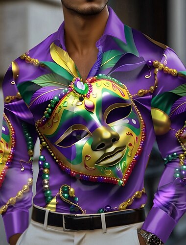  Karneval Herren Maske Karnival Satinhemd Oberhemd Knopfhemd Langarm Modisch lässig Festtage Sommer Frühling Umlegekragen Hemden mit Kragen 3D-Druck Violett Purpur Dunkelviolett