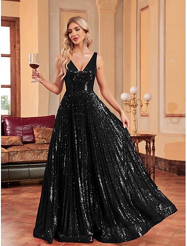  A-Linie Ballkleider Partykleid Abendparty Cocktailparty bodenlang ärmellos tiefer Ausschnitt Polyester mit Glitzer Kniefalten 2025