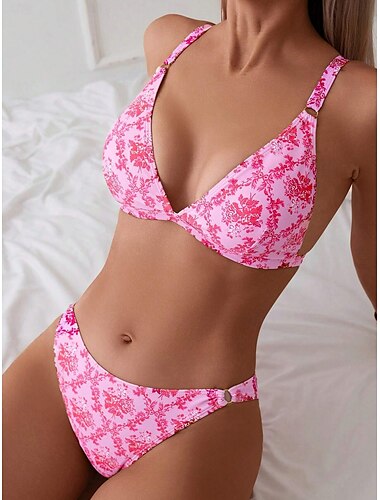  Femme Maillots de Bain Bikinis 2 pièces Slip Brésilien Maillot de bain Dos Nu Taille haute Mince Vacances Tenues de plage Floral Col V Sans Manches Maillots de bain