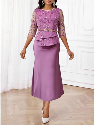  Damen Maxidress Spitzenkleid Casual kleid Bodycon Elegant Stilvoll Party kleid hochzeitsgast Cocktailparty Regular Fit Feste Farbe 3/4 Ärmel Rundhalsausschnitt Rosa Marineblau Purpur Sommer