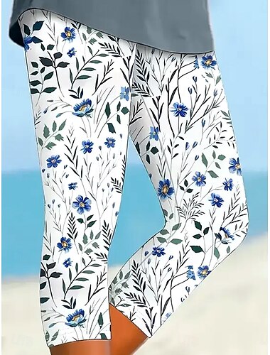  Leggings für Frauen Capri-Hosen hohe Elastizität modische Streetwear knöchellang hohe Taille grafischer Blumenmuster atmungsaktiv weich im Freien täglich Eisblau Sommer Frühling reguläre Passform