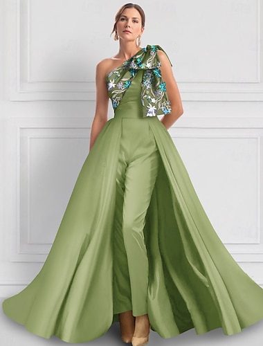  grüne Jumpsuits Abendkleid elegantes Kleid formelle Hochzeit bodenlang ärmellos ein Schulter Satin mit Schleife(n) Schlitz Stickerei 2025