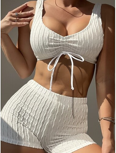  Damen Badeanzug Bikinis 2 Stück Kurze Hosen Bademode Rückenfrei Schlank Urlaub Strandbekleidung Feste Farbe V Ausschnitt Ärmellos Badeanzüge